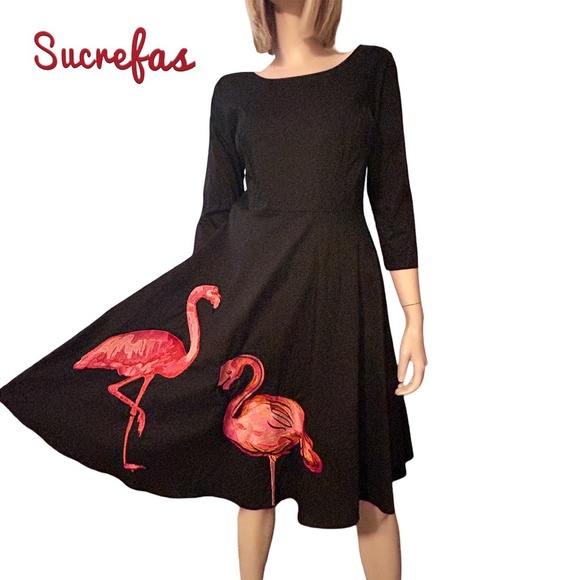 Sucrefas Dress Black ¾ Sleeve Vintage Inspired Flamingo appliqué Circle Skirt - Picture 1 of 14